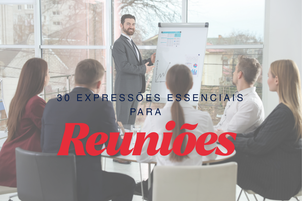 Homem apresentando em reunião de negócios em inglês, ilustrando 30 expressões essenciais para reuniões profissionais com fluência e confiança