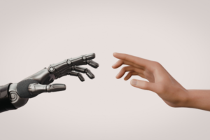 Mão robótica de IA e mão humana se tocando, simbolizando curso de inglês online com inteligência artificial e aprendizado personalizado
