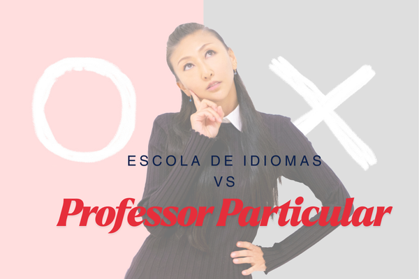 Mulher pensando entre escola de idiomas e professor particular de inglês nativo, comparando as diferenças para aprender inglês com fluência